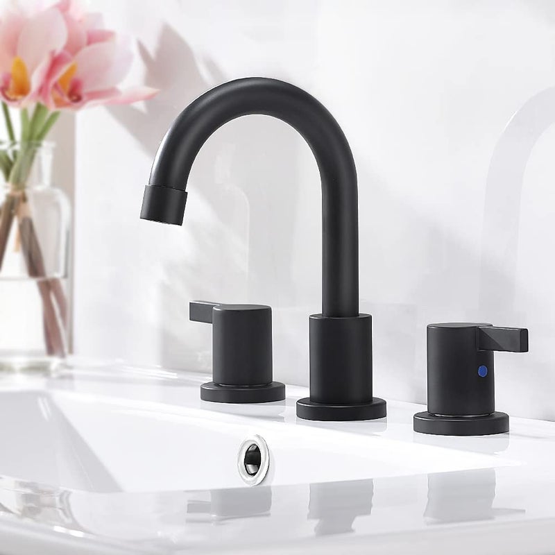 Phiestina 8 Inch 3-Hole Low-Arch 2-Handle Widespread Bathroom Faucet with Valve and Metal Pop-Up Drain Assembly,Matte Black, WF15-1-MB - Image 2